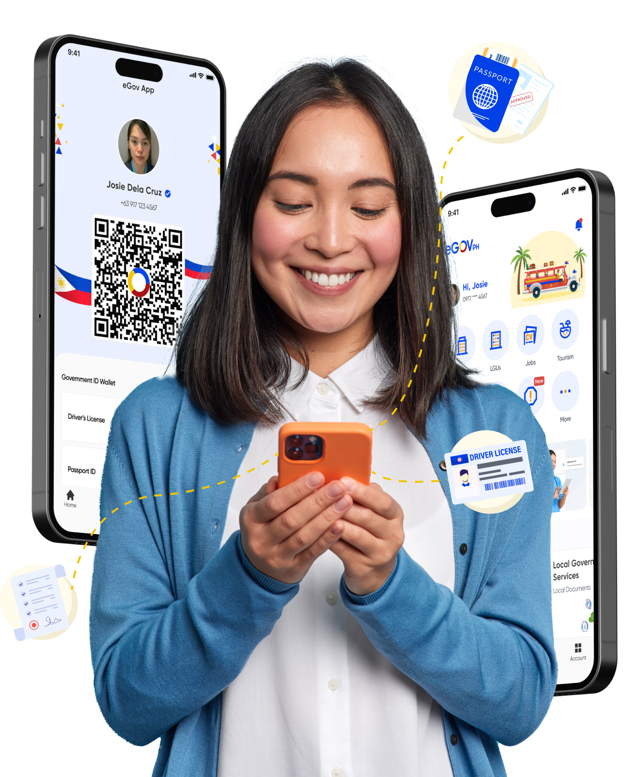 Girl holding a phone with phone backgrounds